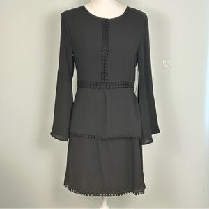 Aqua Black Tiered Long Bell-Sleeved Dress with Embroidered Trim